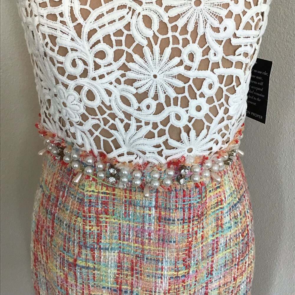 Boston Proper Embellished Crochet and Tweed Sheath Dress Size 4 - Picture 4 of 13